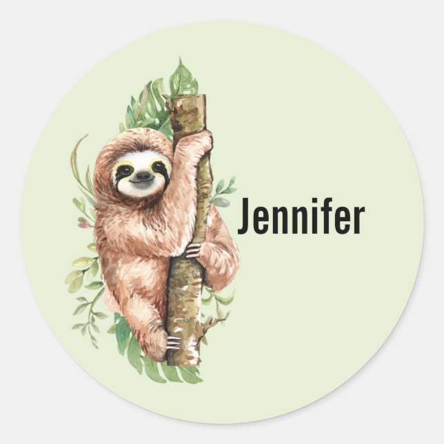 Sticker Rond Aquarelle mignonne Sloth & Feuilles tropicaux (Devant)