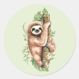 Sticker Rond Aquarelle mignonne Sloth & Feuilles tropicaux