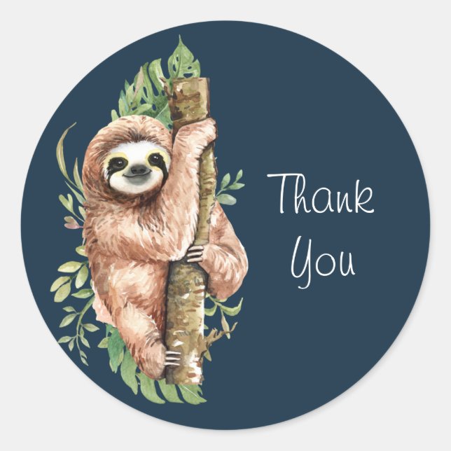 Sticker Rond Aquarelle mignonne Sloth & Merci Feuille Tropical (Devant)