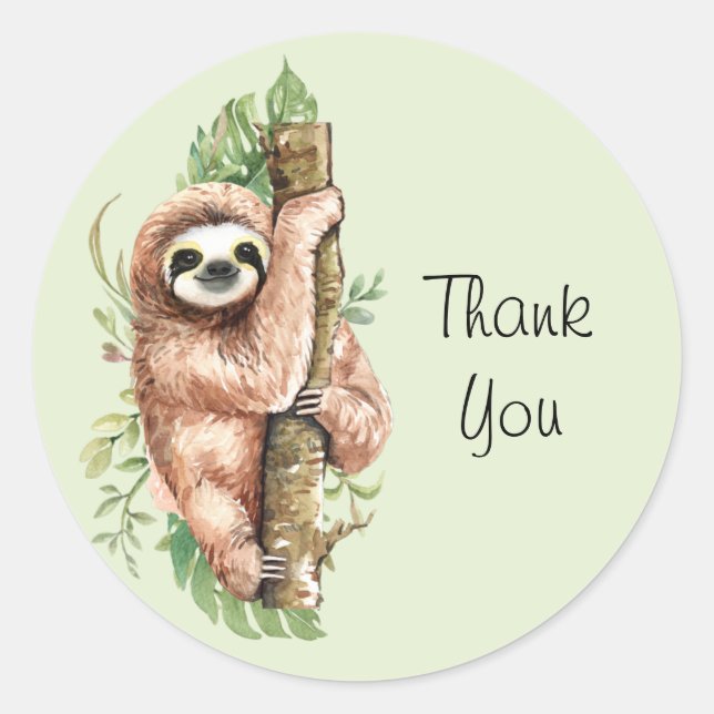 Sticker Rond Aquarelle mignonne Sloth & Merci Feuille Tropical (Devant)