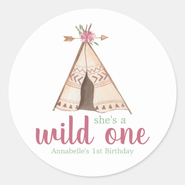 Sticker Rond Aquarelle mignonne Teepee Boho 1er anniversaire (Devant)
