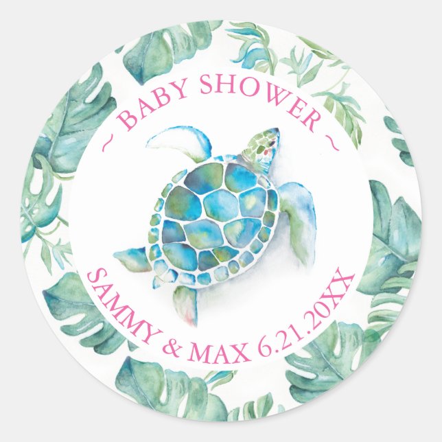 Sticker Rond Aquarelle mignonne Tortue de mer & verdure Favoris (Devant)