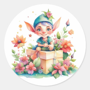 Sticker Rond Aquarelle mignonne Whimsical Elf de Noël