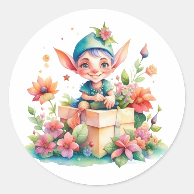 Sticker Rond Aquarelle mignonne Whimsical Elf de Noël (Devant)