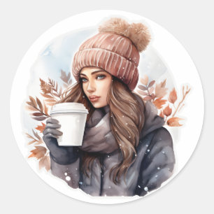 Sticker Rond Aquarelle mode hiver fille avec café