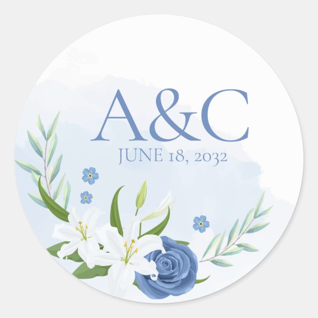 Sticker Rond Aquarelle moderne bleu Mariage Floral (Devant)