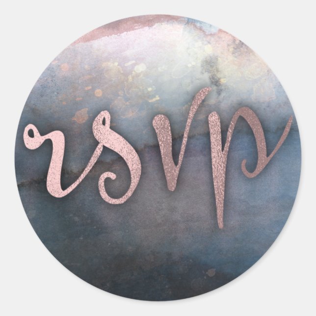 Sticker Rond Aquarelle moderne Bleu & Rose Or Glam rose RSVP (Devant)