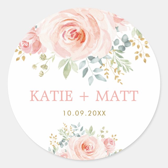Sticker Rond Aquarelle moderne Blush Rose Floral Wedding Faveur (Devant)