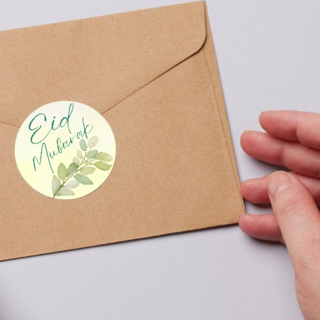 Sticker Rond Aquarelle moderne Floral islamique Aïd Moubarak (Modern Watercolor Floral Islamic Eid Mubarak Classic Round Sticker)