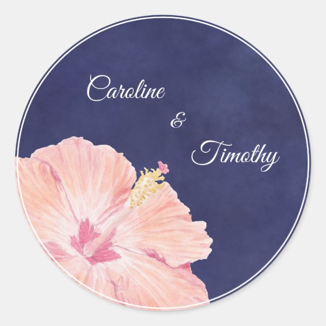 Sticker Rond Aquarelle moderne Hibiscus Marine Mariage bleu (Devant)