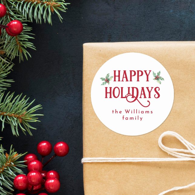 Sticker Rond Aquarelle moderne Holly & Red Happy Holidays (Créateur téléchargé)