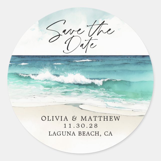 Sticker Rond Aquarelle moderne Ocean Beach Enregistrer la date (Devant)