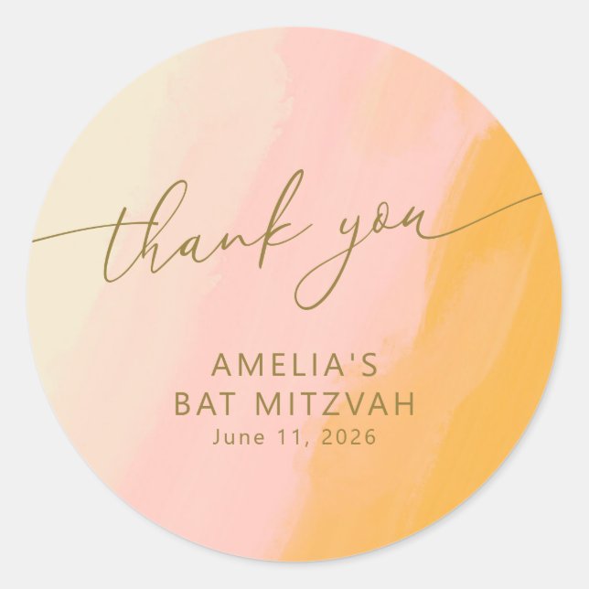 Sticker Rond Aquarelle moderne rose jaune Bat mitzvah personnal (Devant)