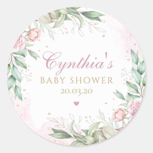 Sticker Rond Aquarelle moderne Vert Baby shower rose Floral (Devant)