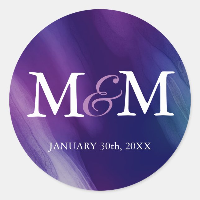 Sticker Rond Aquarelle moderne violet Mariage bleu marine (Devant)