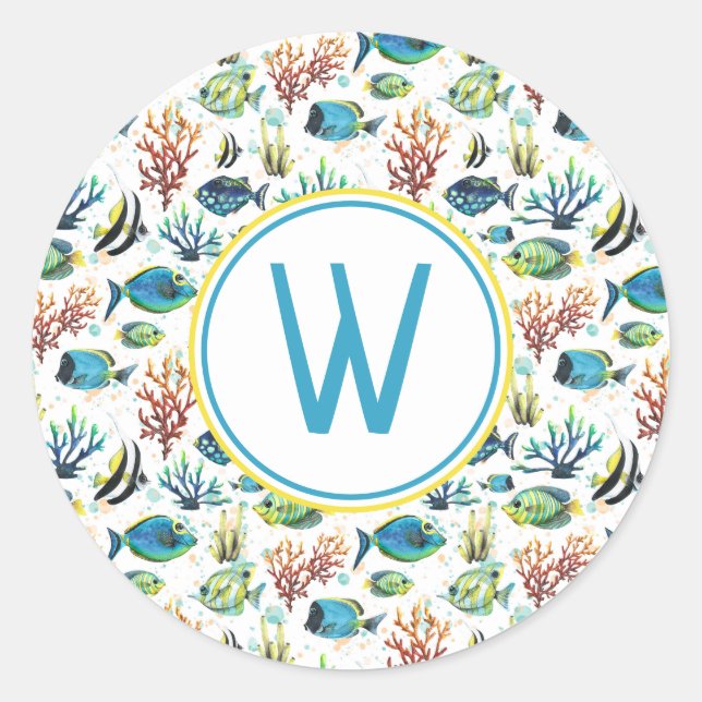 Sticker Rond Aquarelle Monogramme de poissons tropicaux (Devant)