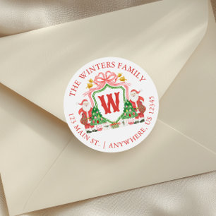 Sticker Rond Aquarelle Monogramme Père Noël Crest Adresse