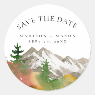 Sticker Rond Aquarelle Montagne Automne Save the Date 