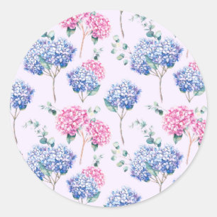 Sticker Rond Aquarelle Motif Floral aux Hortensias Bleus et Ros