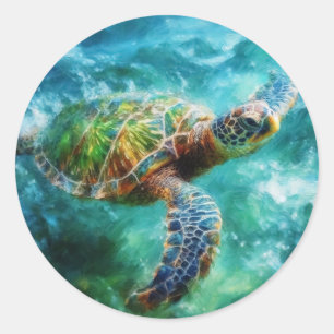 Sticker Rond Aquarelle Natation Tortue de mer