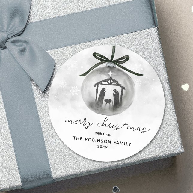 Sticker Rond Aquarelle Nativité Gris Ornement Joyeux Noël (Créateur téléchargé)