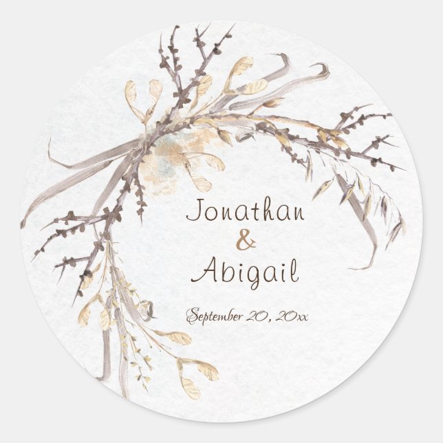 Sticker Rond Aquarelle naturelle Herbes sèches Wreath Mariage r (Devant)