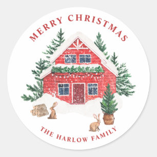 Sticker Rond Aquarelle neige Cottage rouge Joyeux Noël