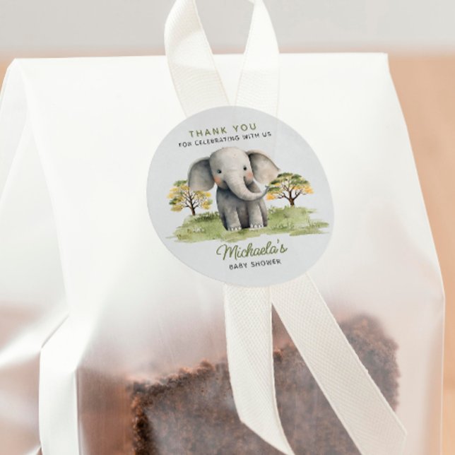 Sticker Rond Aquarelle neutre Baby shower Merci éléphant (Créateur téléchargé)