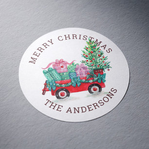 Sticker Rond Aquarelle Noël arbre et boîte vacances d'hiver