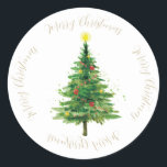 Sticker Rond Aquarelle Noël Arbre et étoile<br><div class="desc">Aquarelle sapin de Noël et étoile avec joyeux voeux de Noël. Art de Noël avec voeux de Noël.</div>