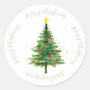 Sticker Rond Aquarelle Noël Arbre et étoile