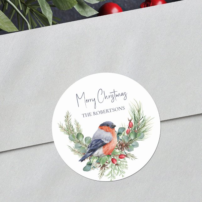 Sticker Rond Aquarelle Noël Bullfinch Oiseau d'hiver (Créateur téléchargé)