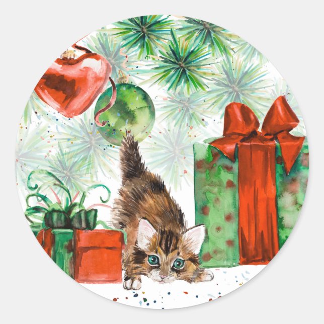 Sticker Rond Aquarelle Noël - Chaton sous l'arbre (Devant)
