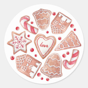 Sticker Rond Aquarelle Noël Cookies Motif Fête
