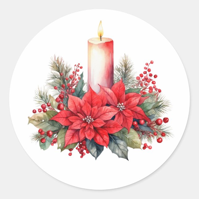 Sticker Rond Aquarelle Noël Poinsettia Fleurs, Berries (Devant)
