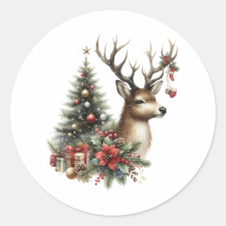 Sticker Rond Aquarelle Noël rennes