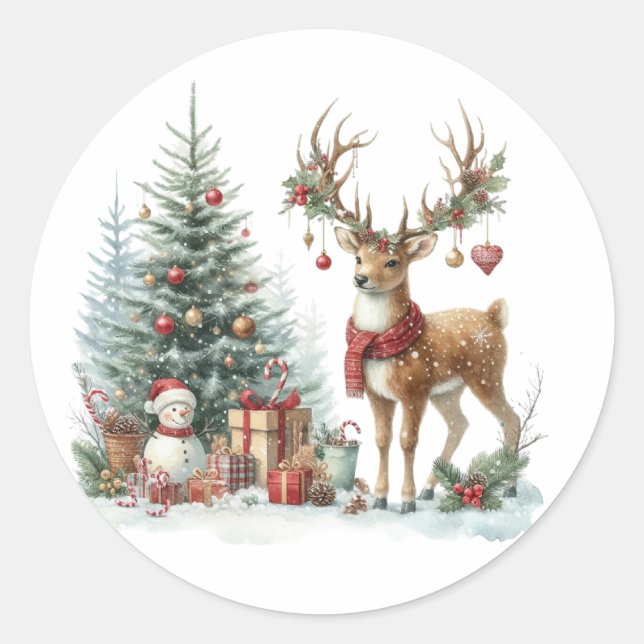 Sticker Rond Aquarelle Noël rennes (Devant)
