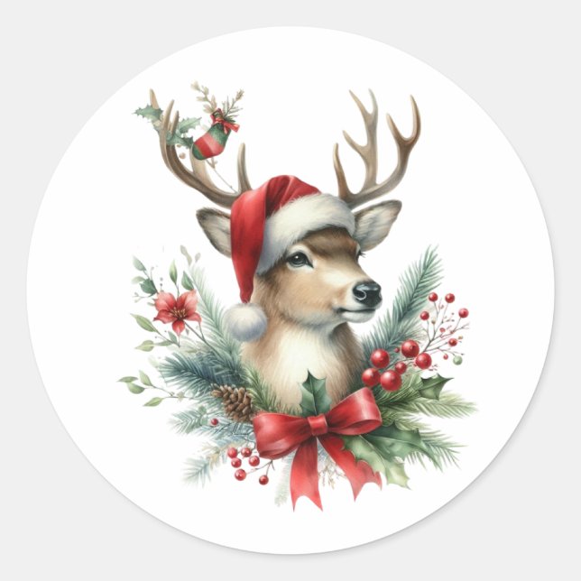 Sticker Rond Aquarelle Noël rennes (Devant)