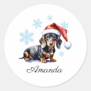 Sticker Rond Aquarelle noir et tan Dachshund Chien de Noël