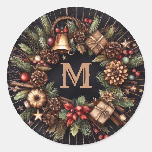 Sticker Rond Aquarelle Noir Russe Motifs de Noël (Devant)