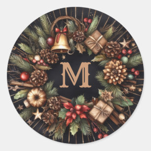 Sticker Rond Aquarelle Noir Russe Motifs de Noël