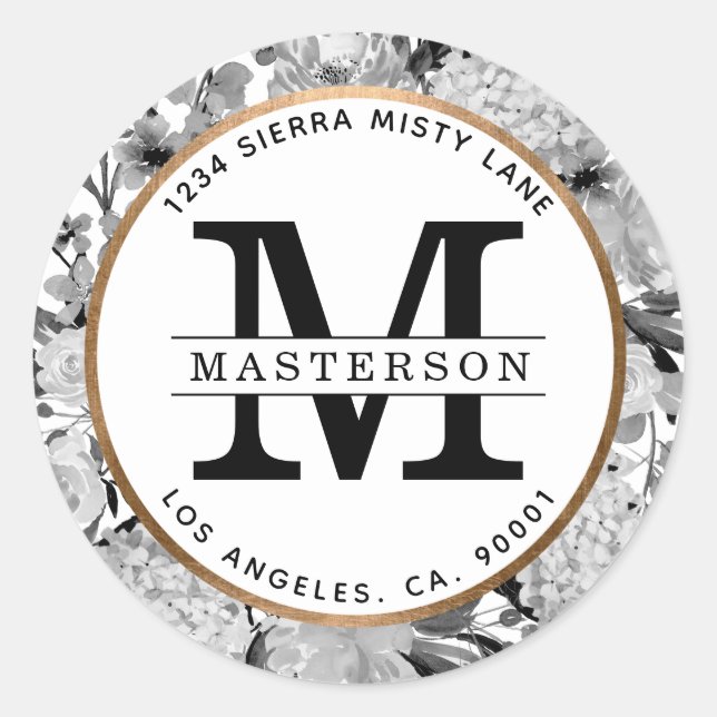 Sticker Rond Aquarelle noire et blanche moderne Monogramme flor (Devant)