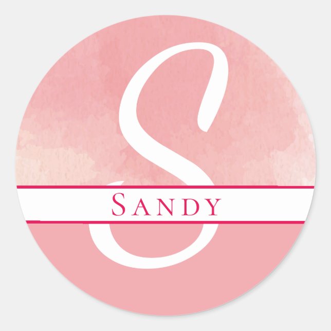 Sticker Rond Aquarelle Nom Monogramme rose (Devant)