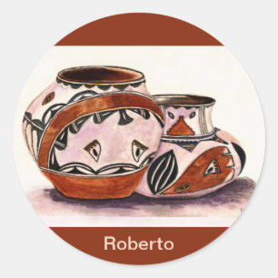 Sticker Rond Aquarelle nommée Art de poterie amérindienne
