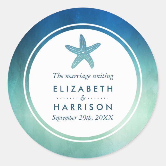 Sticker Rond Aquarelle Océan Starfish Beach Merci de mariage (Devant)