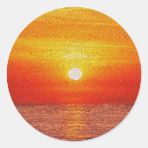 Sticker Rond Aquarelle Océan Sunset Summer Beach Waves