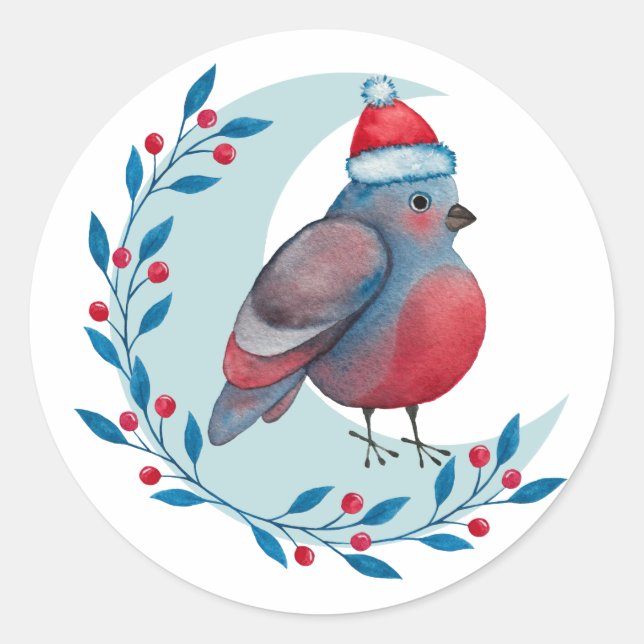 Sticker Rond Aquarelle Oiseau bleu de Noël sur la lune (Devant)