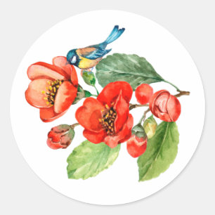 Sticker Rond Aquarelle Oiseau bleu sur les fleurs rouges