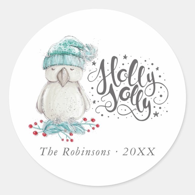 Sticker Rond Aquarelle Oiseau d'hiver Holly Jolly Noël (Devant)