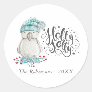 Sticker Rond Aquarelle Oiseau d'hiver Noël Holly Jolly